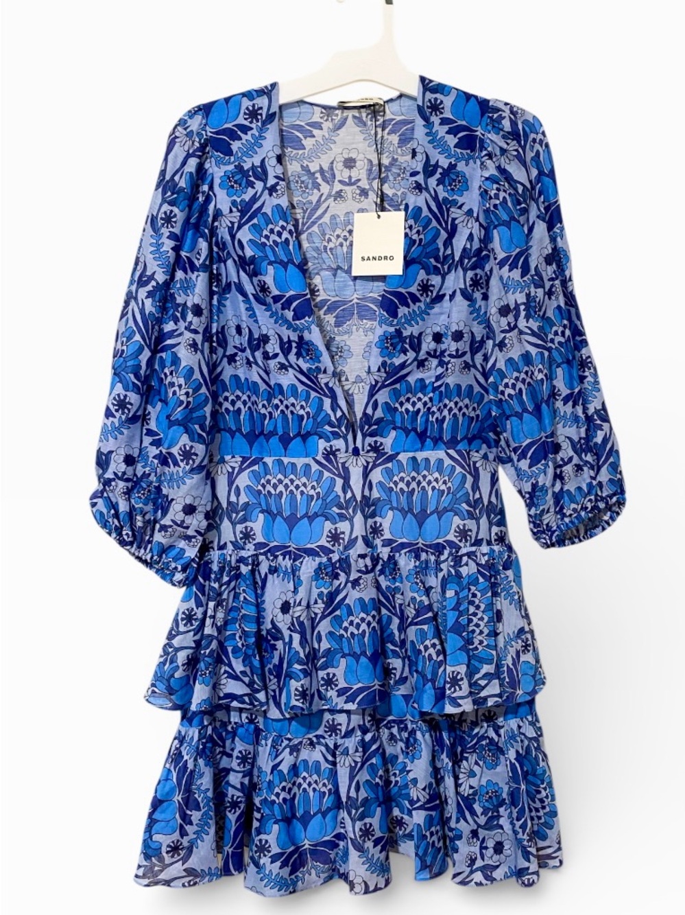 Sandro Blue Floral Tiered Linen Dress FR36/ US4 brand new NWT